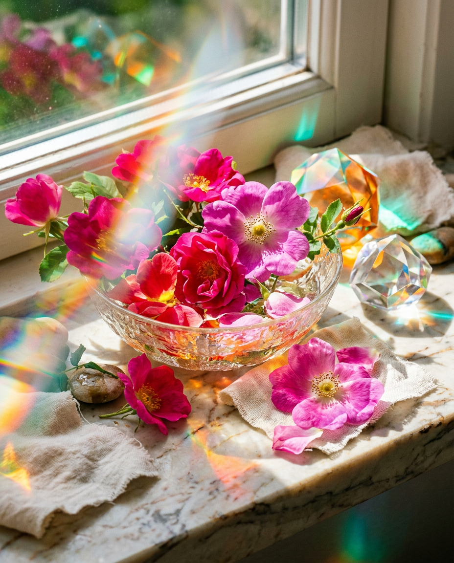 A serene morning scene featuring a dressing table with a small glass perfume bottle and fresh rose petals scattered nearby.
