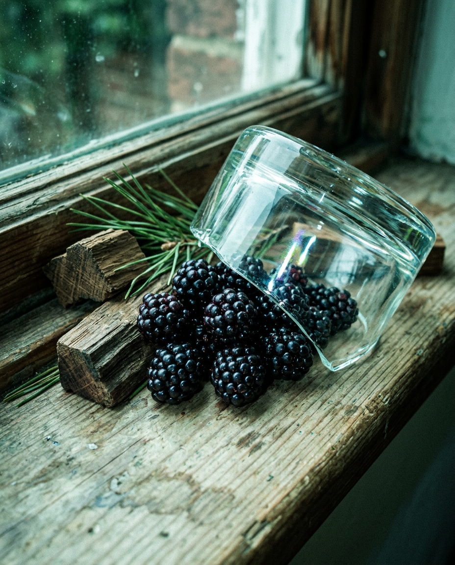 A rustic wooden table with fresh blackberries, green leaves, and a bottle of artisan perfume in a sunlit English garden.