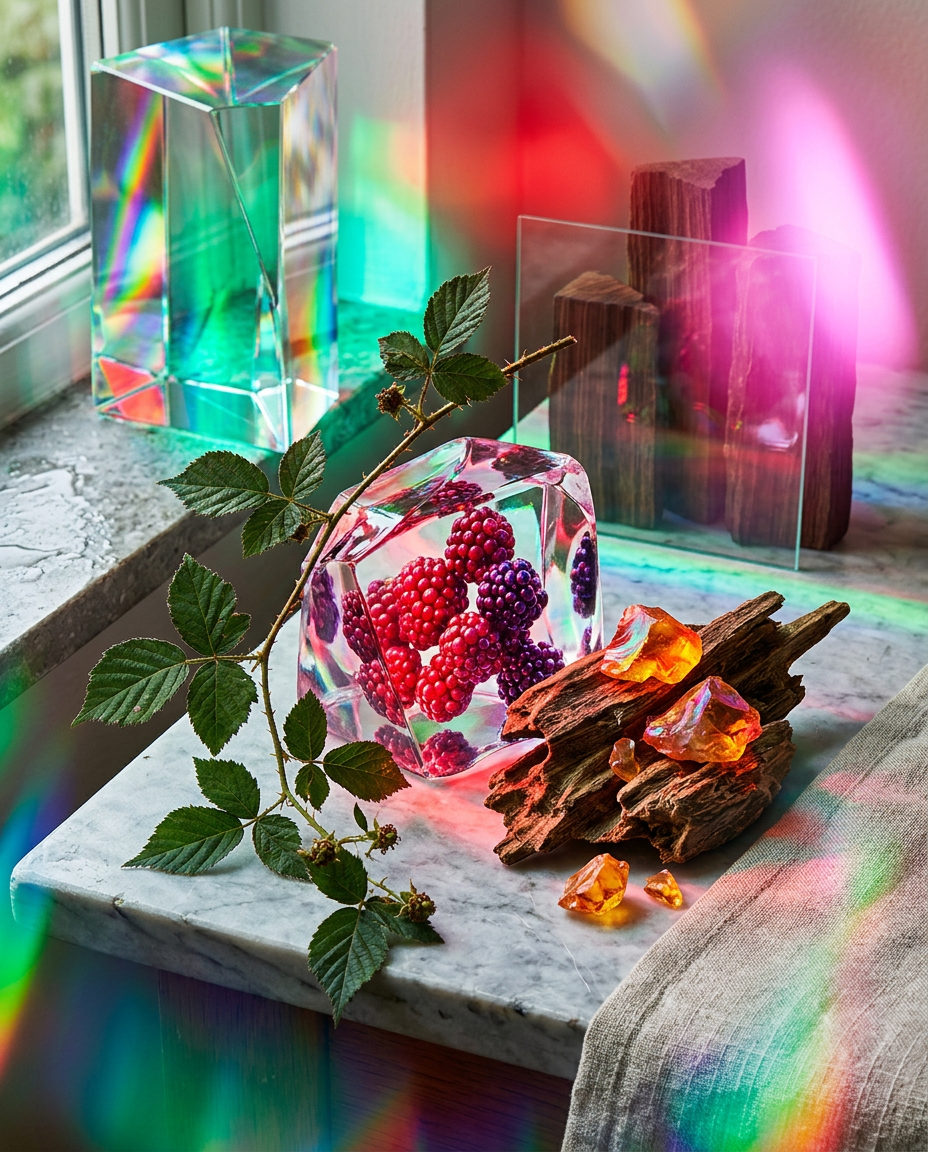A close-up of dark berries and rich wood textures representing the contrast between fruit and oud fragrance profiles.