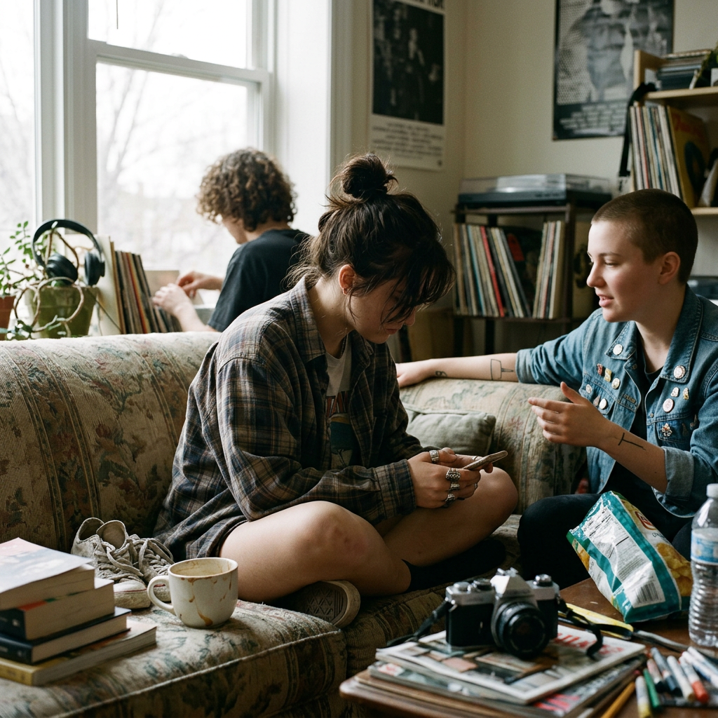 A woman in a sun-drenched room looking at her skincare and fragrance collection with a thoughtful expression.