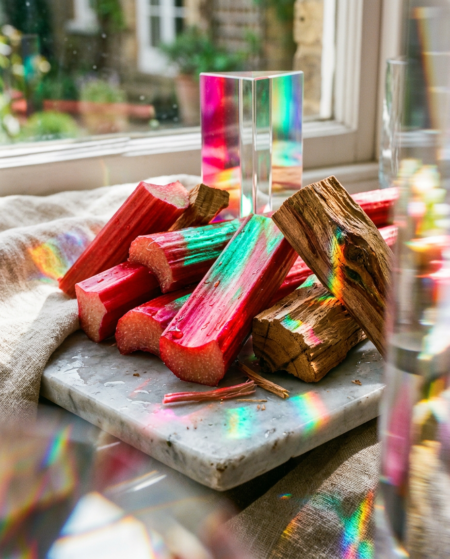 A close-up of fresh stalks of garden rhubarb and polished sandalwood blocks