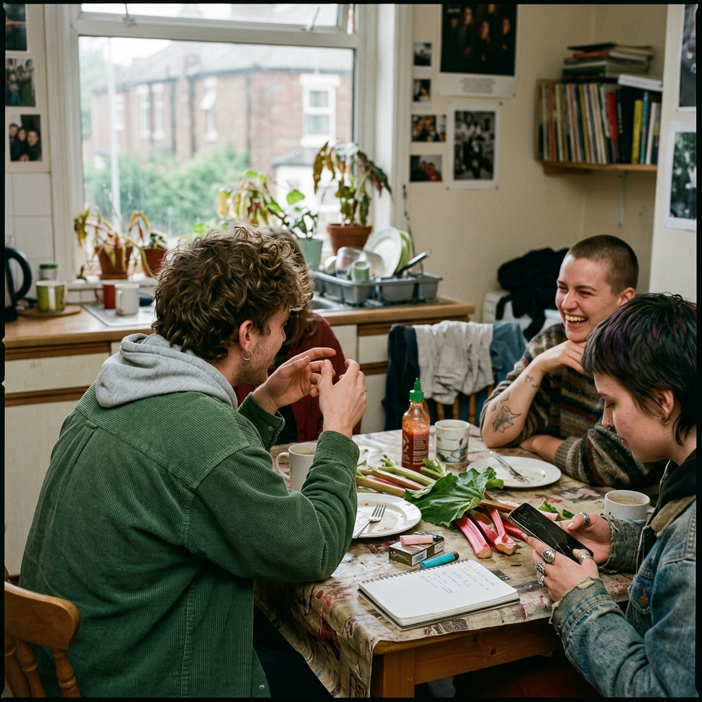 A vibrant bunch of fresh pink and green rhubarb stalks on a rustic wooden table, reflecting its natural botanical purity.