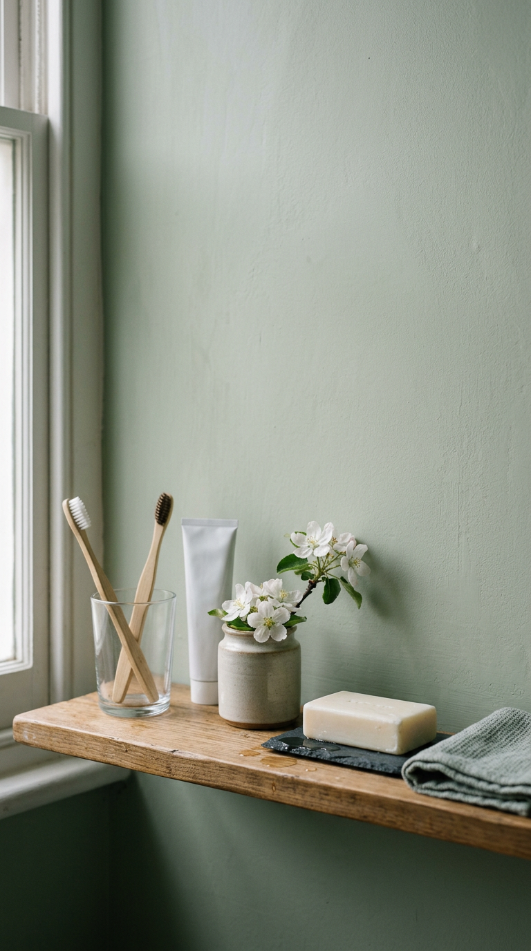 A serene morning setting with fresh flowers and a bottle of light fragrance on a vanity, representing dewy morning freshness.