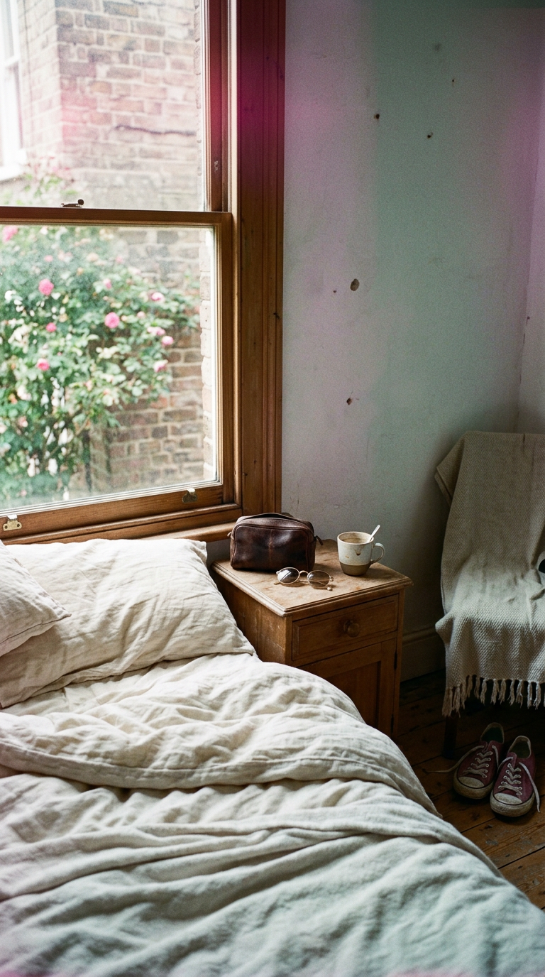 A collection of small travel-sized fragrance bottles and aesthetic essentials on a wooden surface in bright natural light.