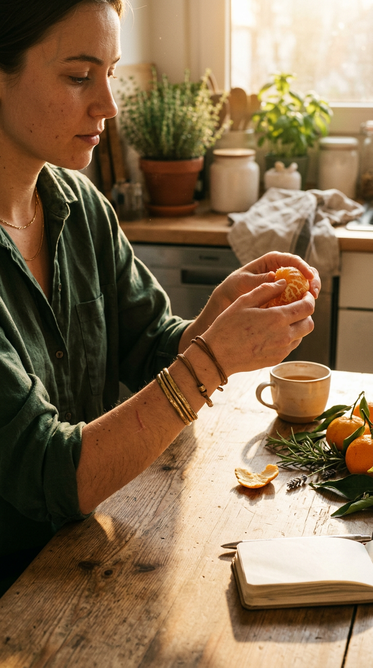 A woman applying fragrance to her pulse points in a bright, modern US apartment, emphasizing gentle application for sensitive skin.