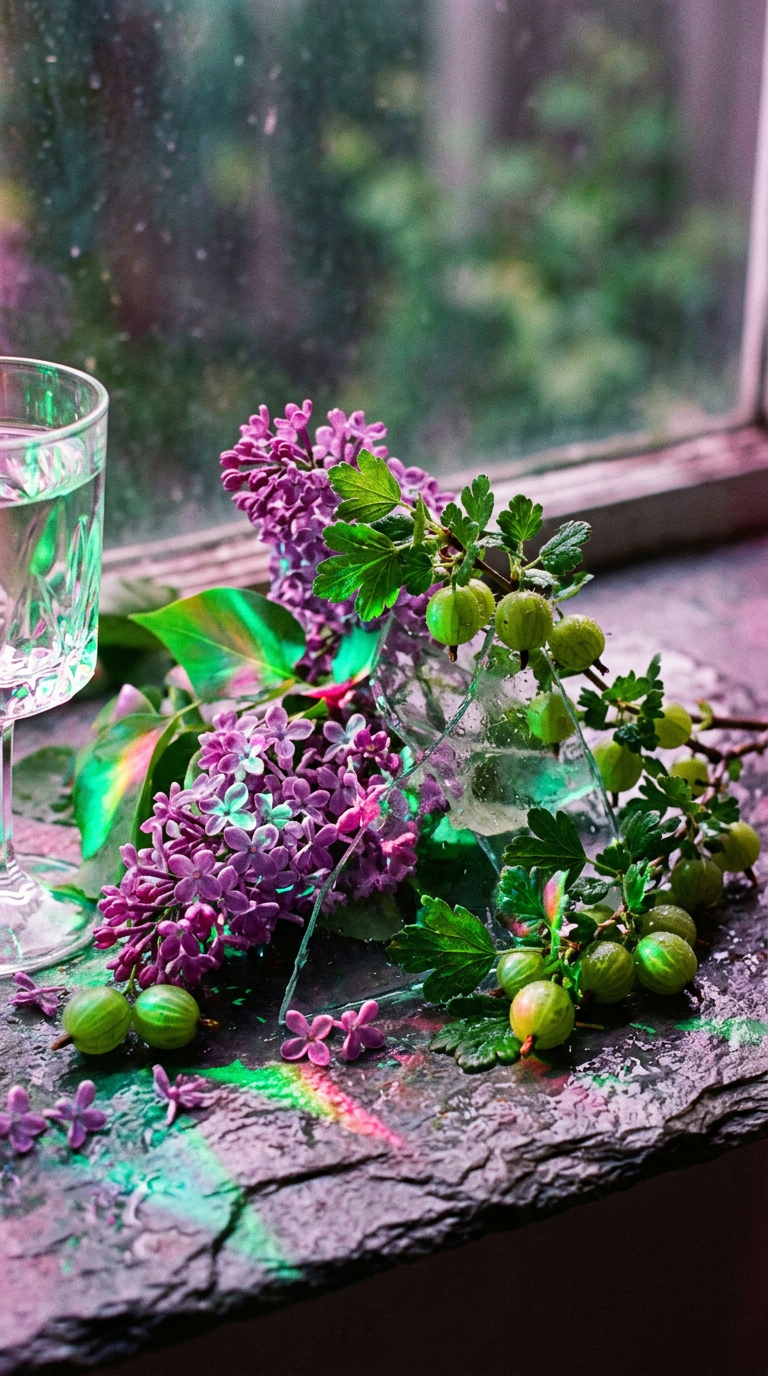 A bright, modern workspace with a bottle of Lilacs & Gooseberries sitting on a marble desk next to fresh flowers.
