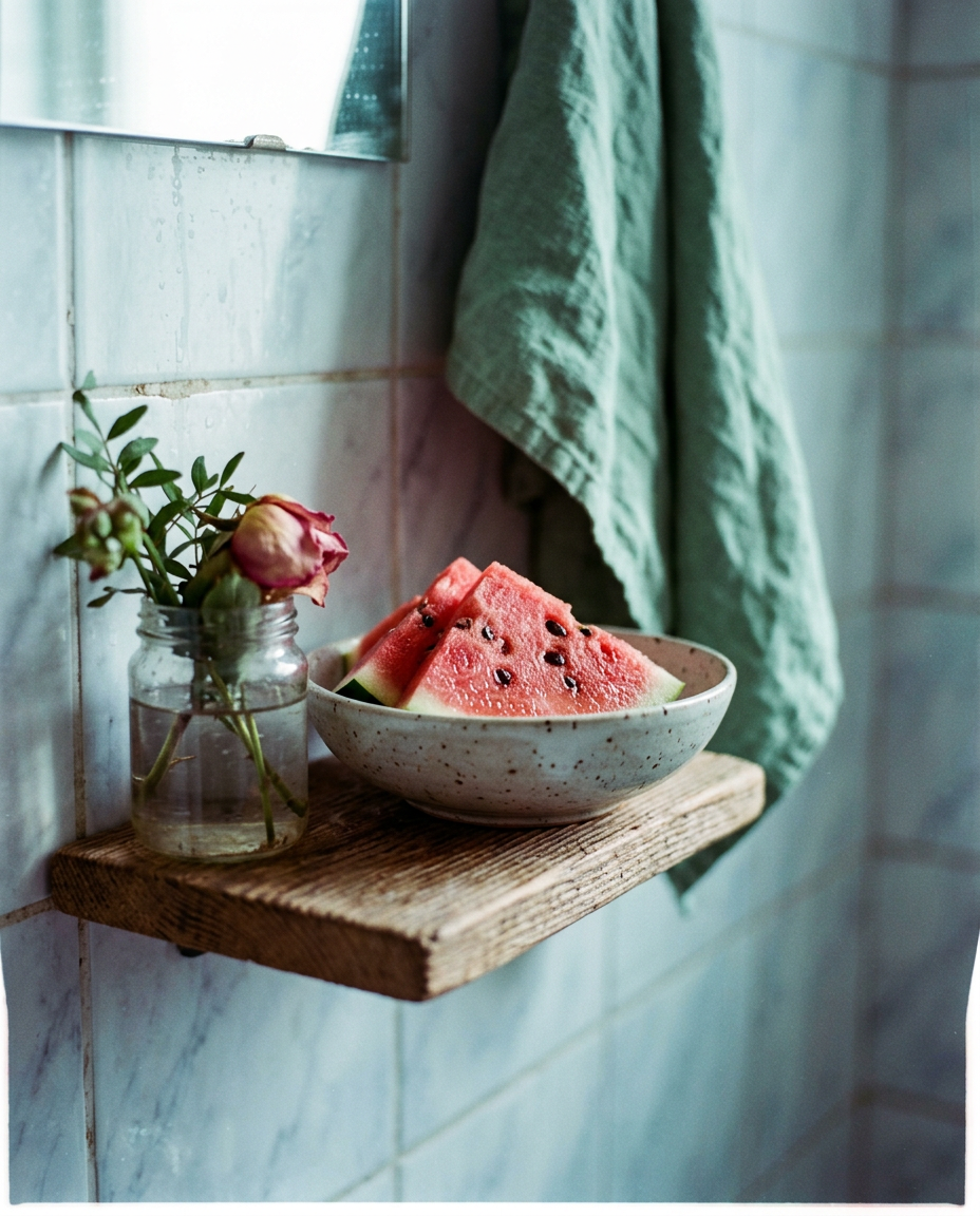 A refreshing glass of watermelon water on a sun-drenched patio, representing the crisp, airy quality of aquatic fragrances.