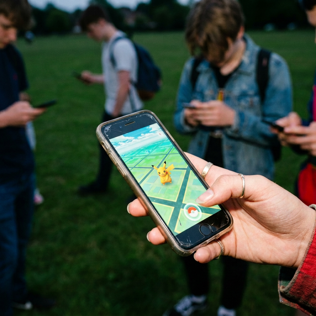 A hand holding a phone in a park at dusk, chasing something on screen