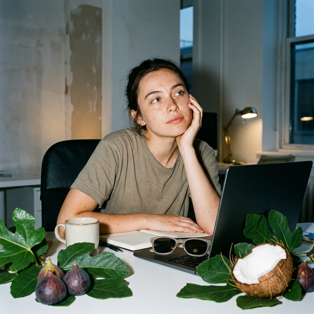 An adult Gen Z model at a desk where tropical light, figs, and coconut leaves begin to overtake the workspace as they daydream.