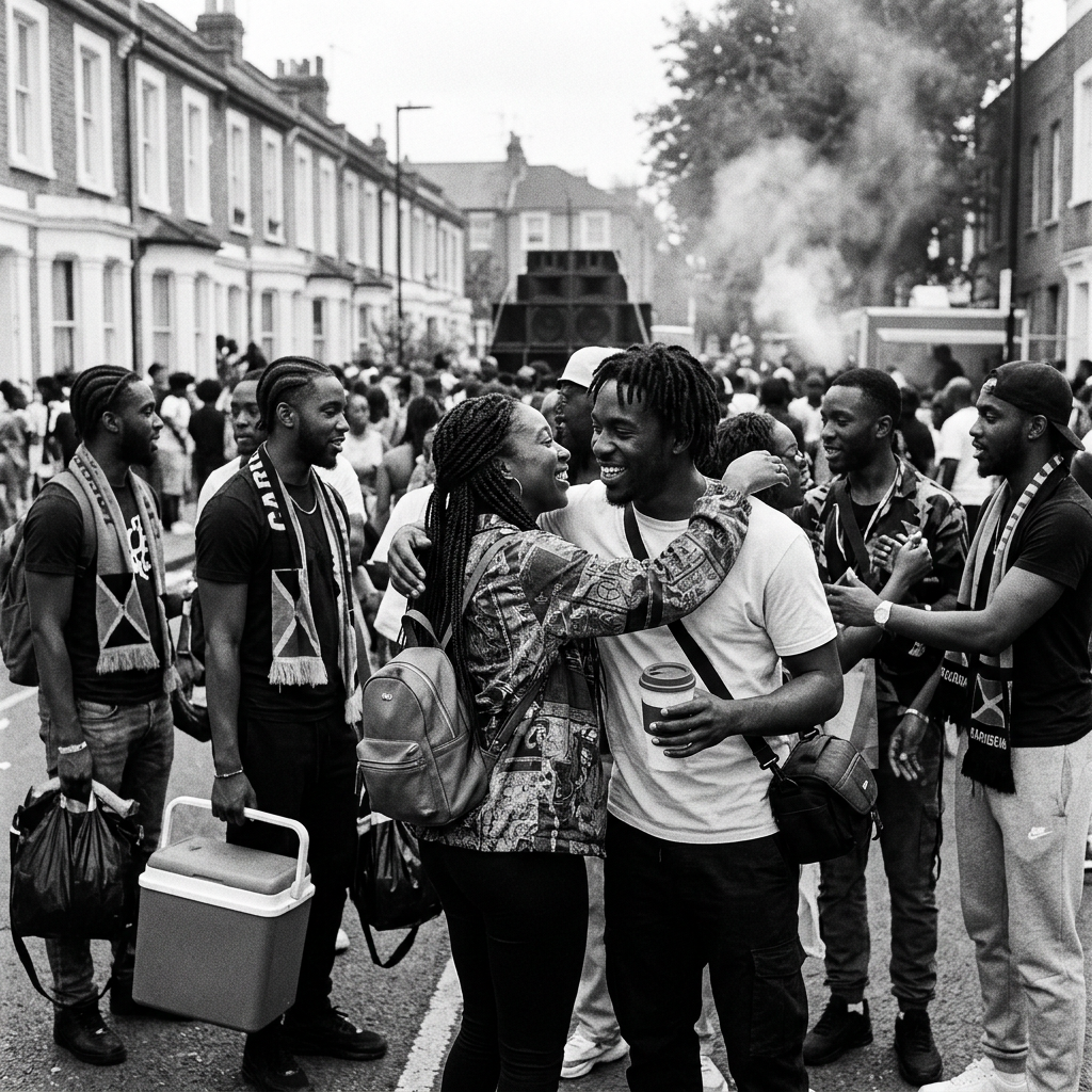 Friends gathering in West London during Notting Hill Carnival with vibrant street style, music, and community energy