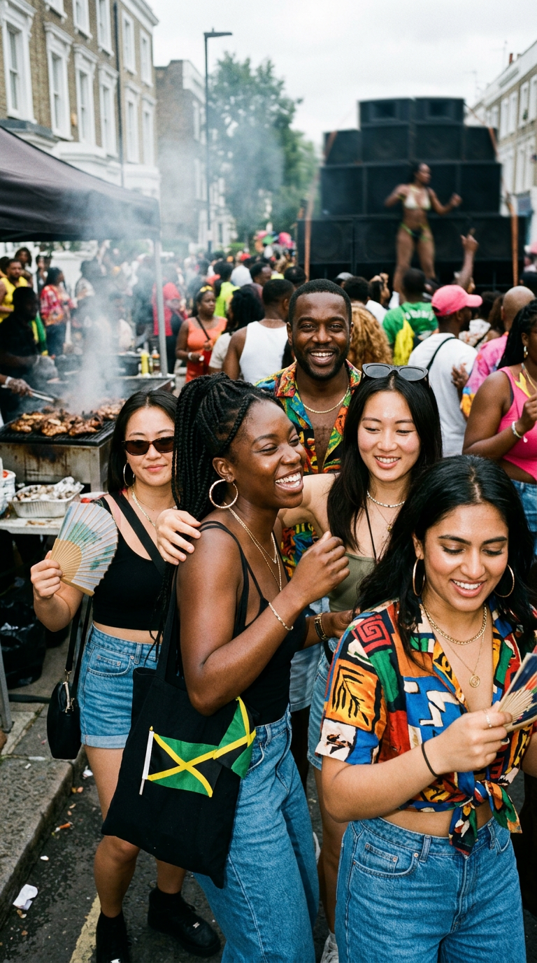 Naturally mixed group of Londoners celebrating at Notting Hill Carnival in West London, centralising Black British and Caribbean culture.