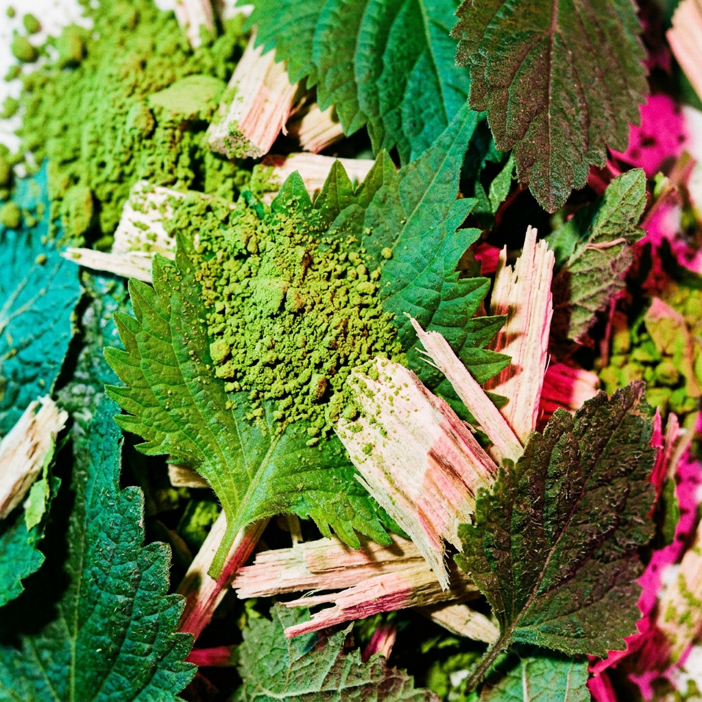Vivid macro of matcha powder over green fig and shiso leaves