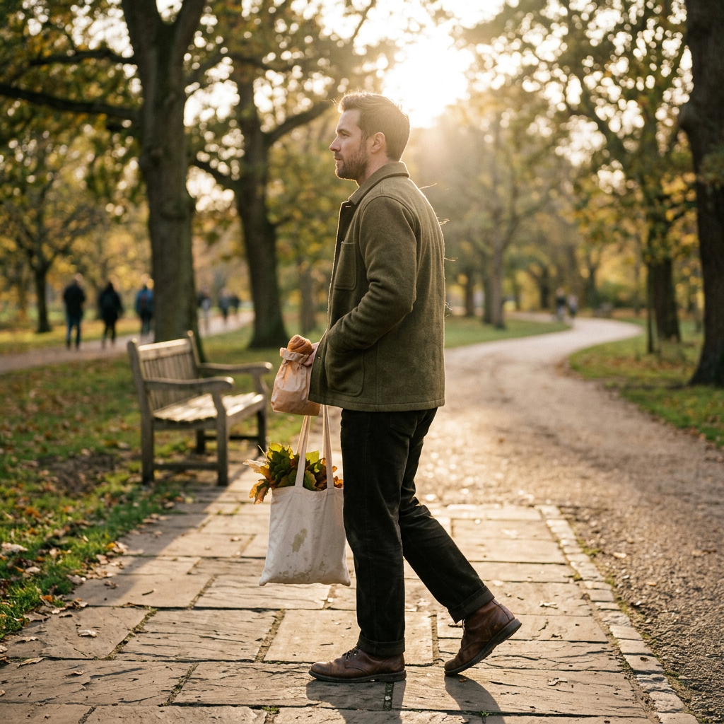 Close up of hands holding a bottle of perfume against a backdrop of golden fall leaves.