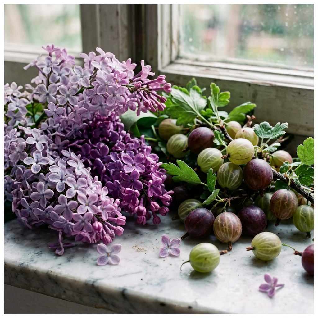 An artisanal fragrance bottle sits on a dark wooden vanity next to a bowl of fresh berries, illustrating the contrast between sweet florals and tart fruit notes.