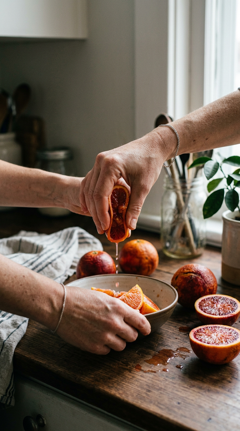 Close-up of fresh blood oranges and dark leather accessories, representing the scent's unique contrast.