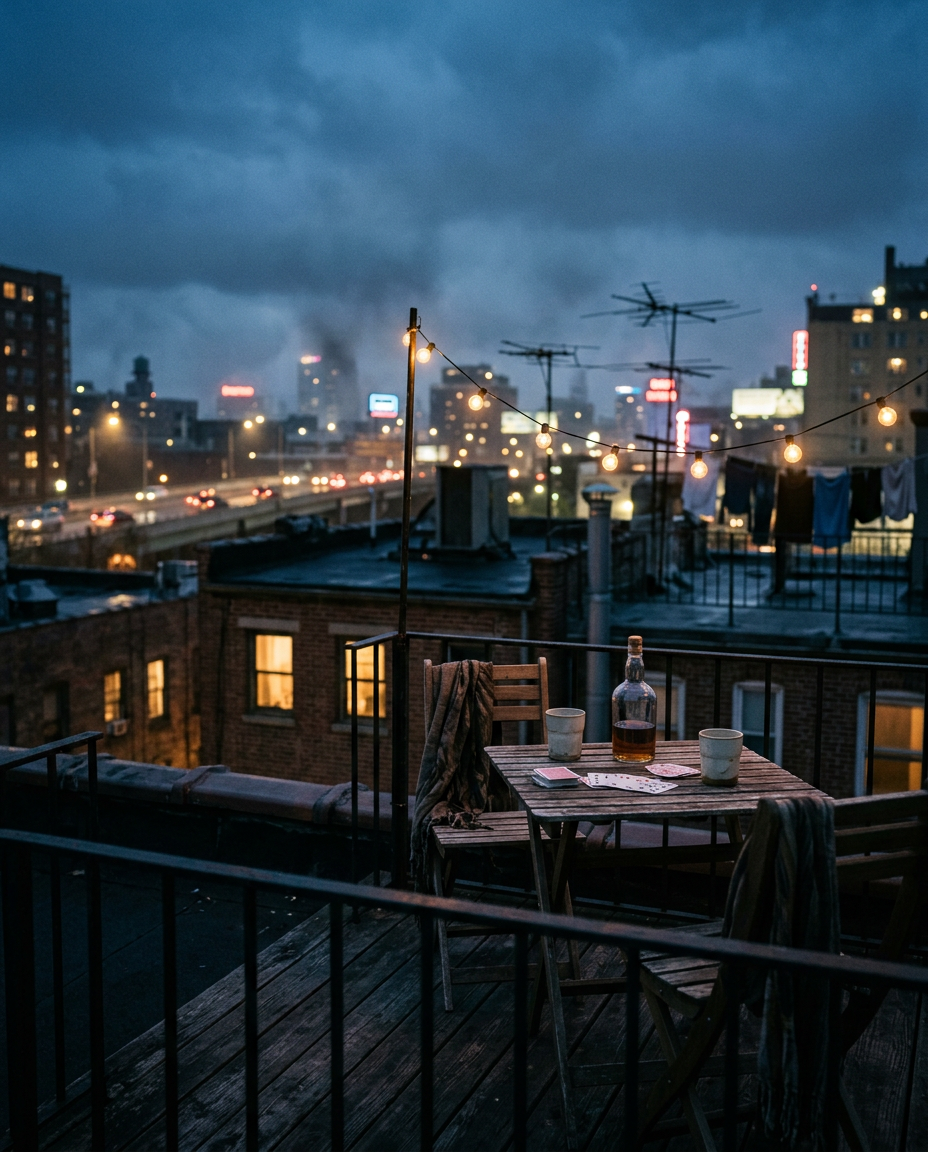 A dark, moody evening scene in a boutique hotel lobby, representing sophisticated luxury