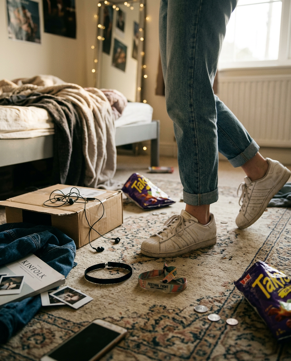 A bedroom floor flat-lay with shell-toe trainers, a choker, a festival wristband and wired earbuds