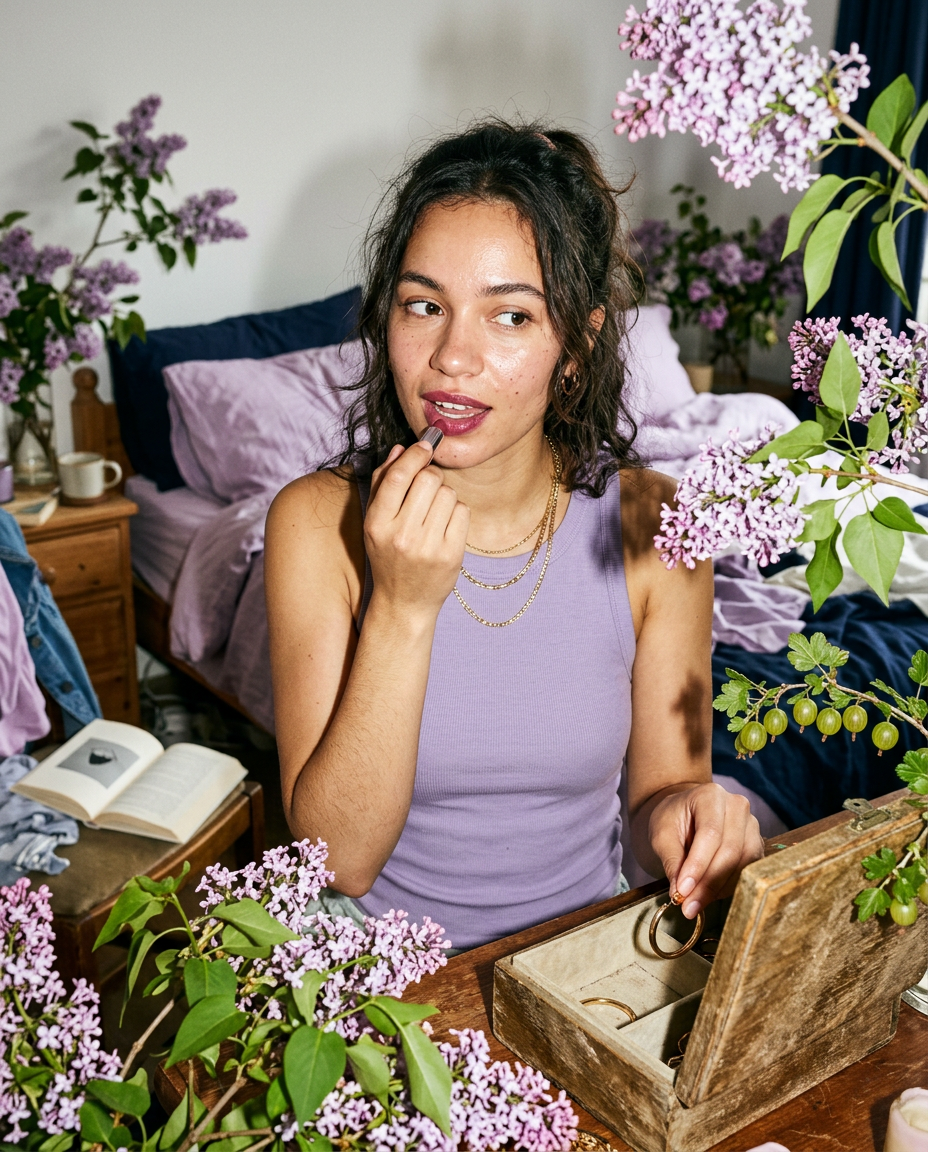 Adult Gen Z model getting ready with lilac flowers, acid-green gooseberries, and dreamy countryside light appearing around them with a Lilacs and Gooseberries travel bottle