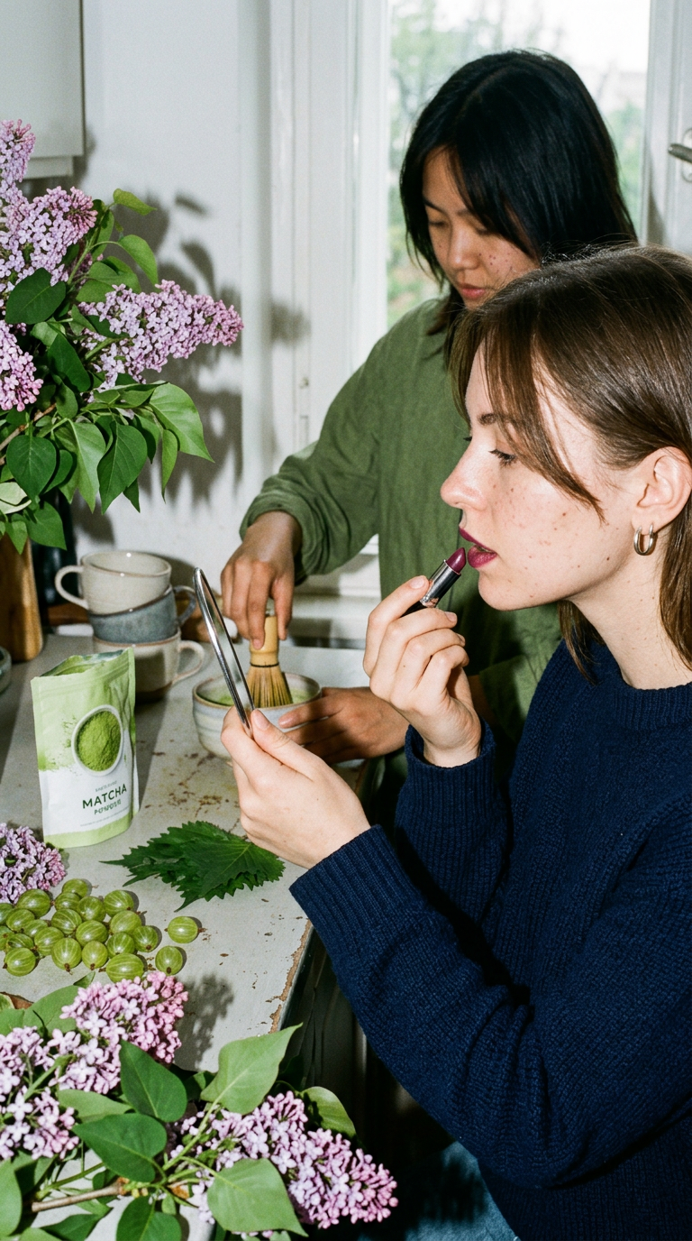 A Gen Z model in a bedroom surrounded by lilacs and acid-green gooseberries, illuminated by dreamy countryside light.