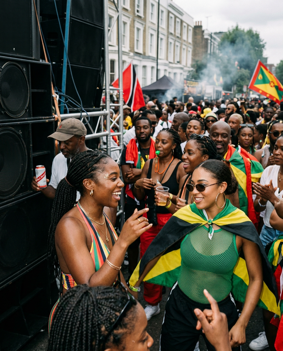 Candid crowd and sound system celebration during Notting Hill Carnival in West London