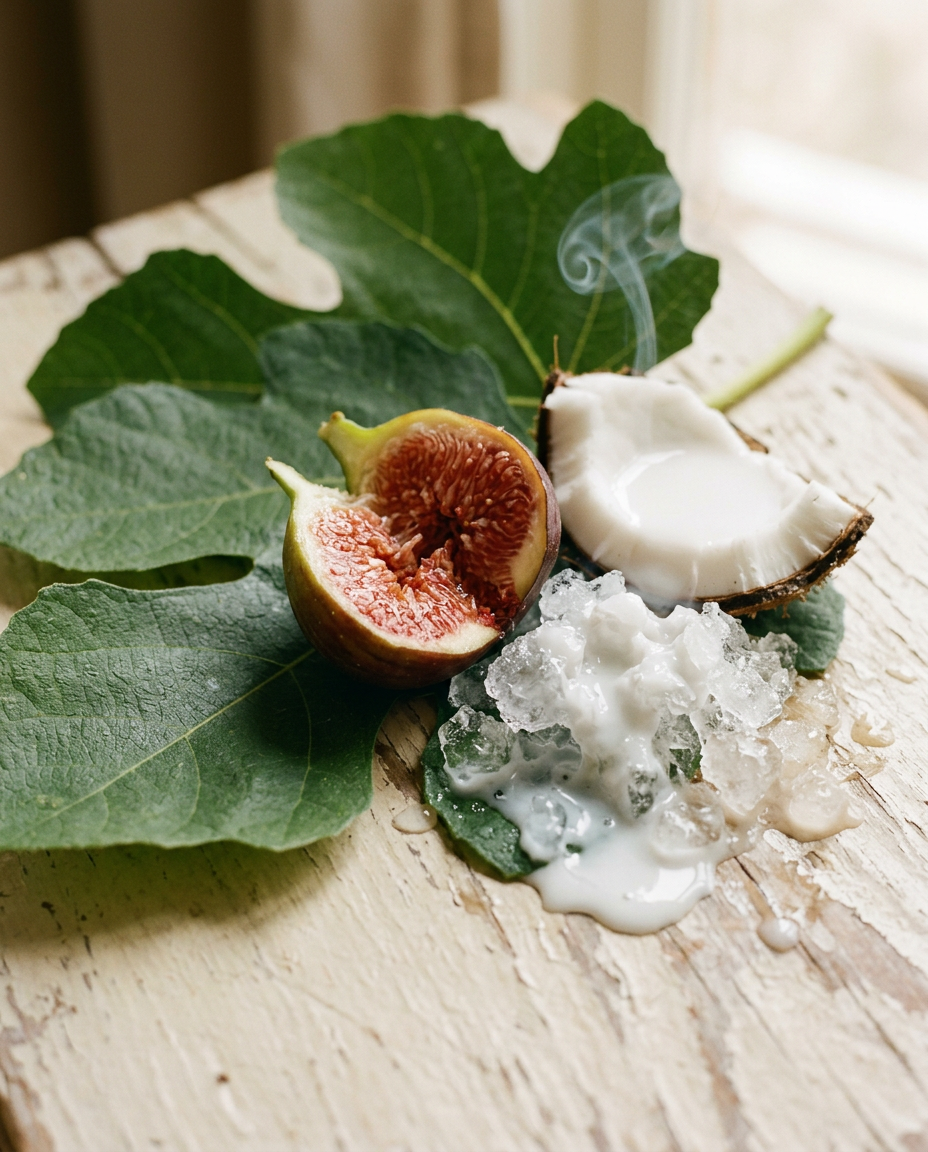 Macro shot of green fig leaves, ripe fig fruit, coconut milk, and incense smoke.