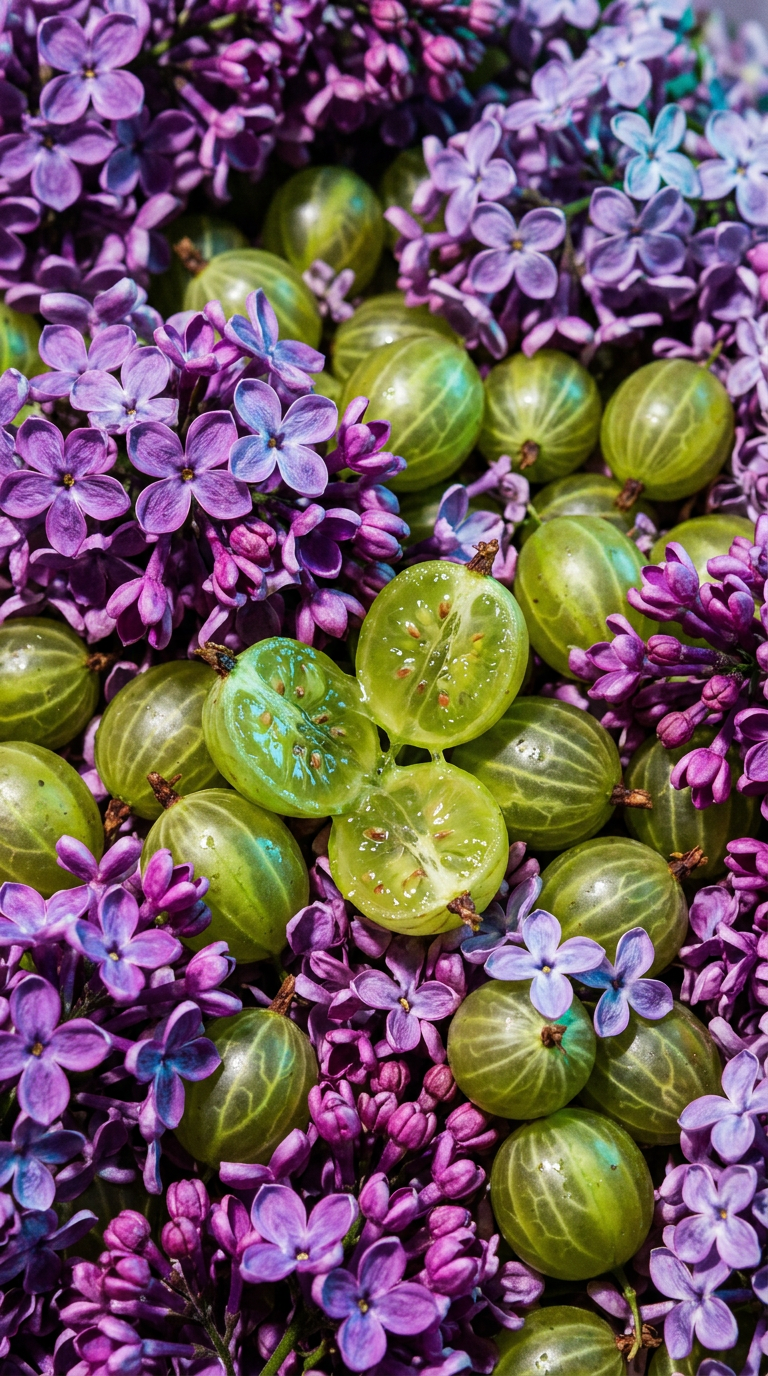 Lilac blooms with tart gooseberries in soft light