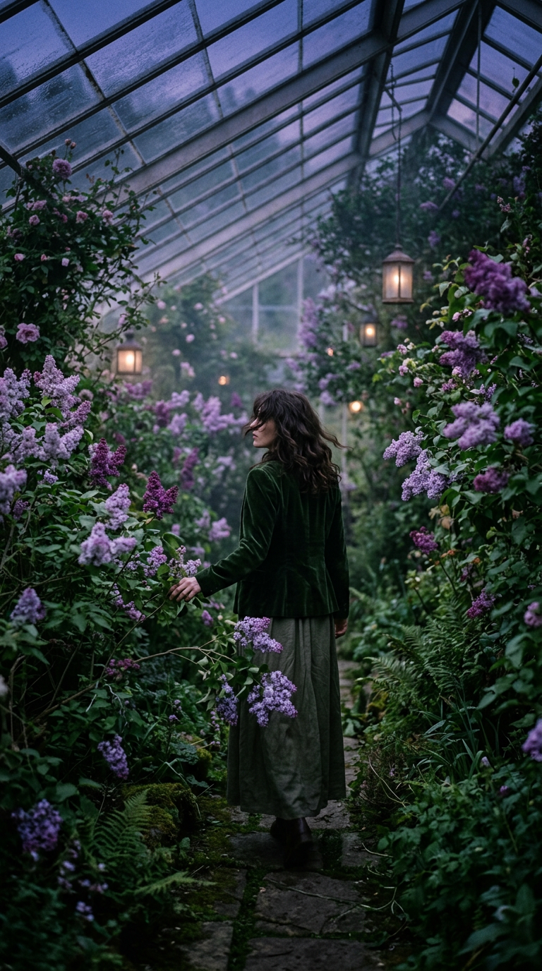 Close up of a person's hand brushing against lush purple flowers in a misty, magical garden