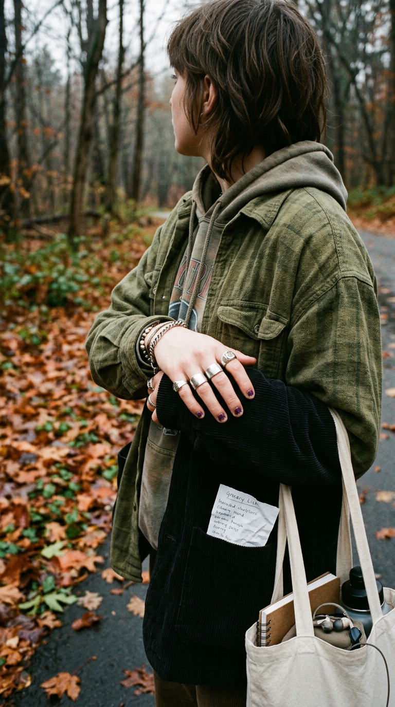 A flat lay of autumnal essentials: a leather notebook, a 10ml fragrance vial, and a handful of fresh blackberries on a rustic wooden table.