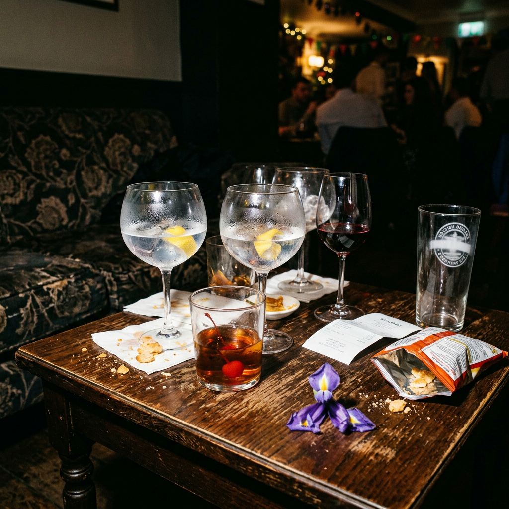 A close up of a vanity table at night with a cocktail and a small 10ml Shay and Blue travel bottle