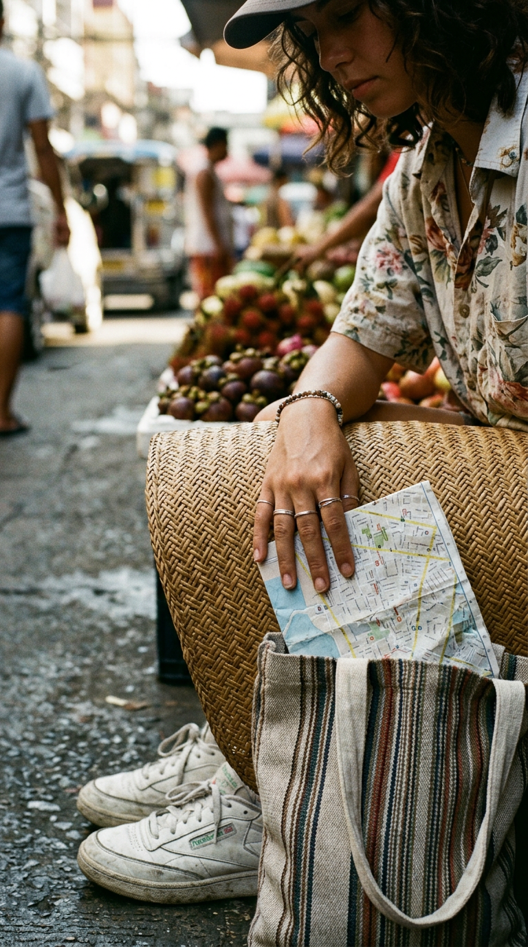 An editorial shot of a woman walking through a lush tropical garden, trailing a sense of fresh botanical fragrance.