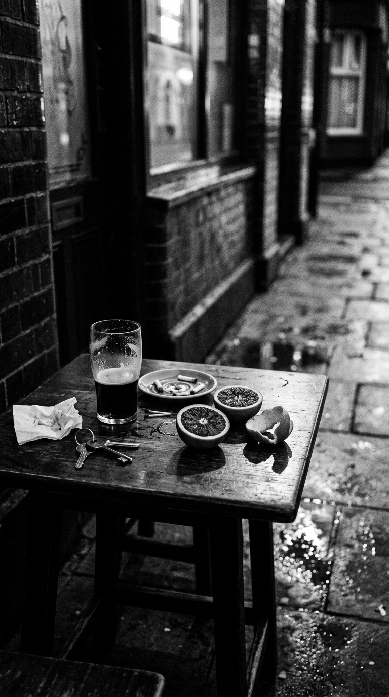A dimly lit evening setting with a glass of something sparkling, reflecting the transition from day to night
