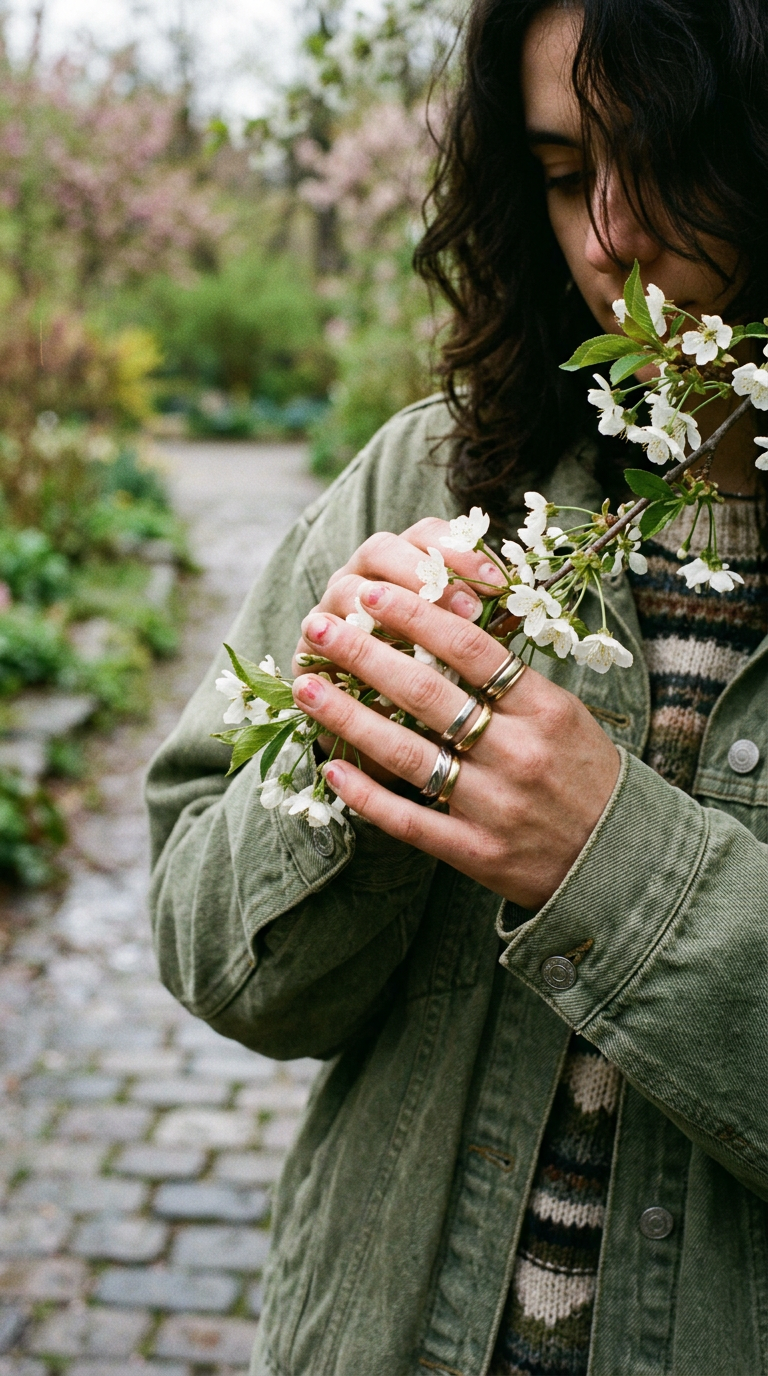 A person walking through a city park in a light trench coat, surrounded by cherry blossoms and fresh greenery.