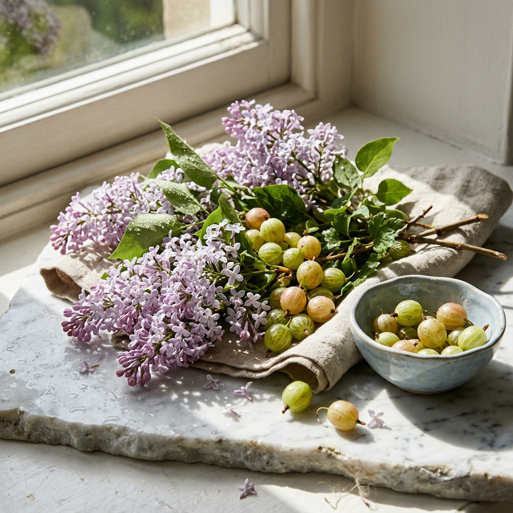 A flat-lay of botanical ingredients: fresh lilacs, dark berries, and polished wood slices on a rustic wooden table.