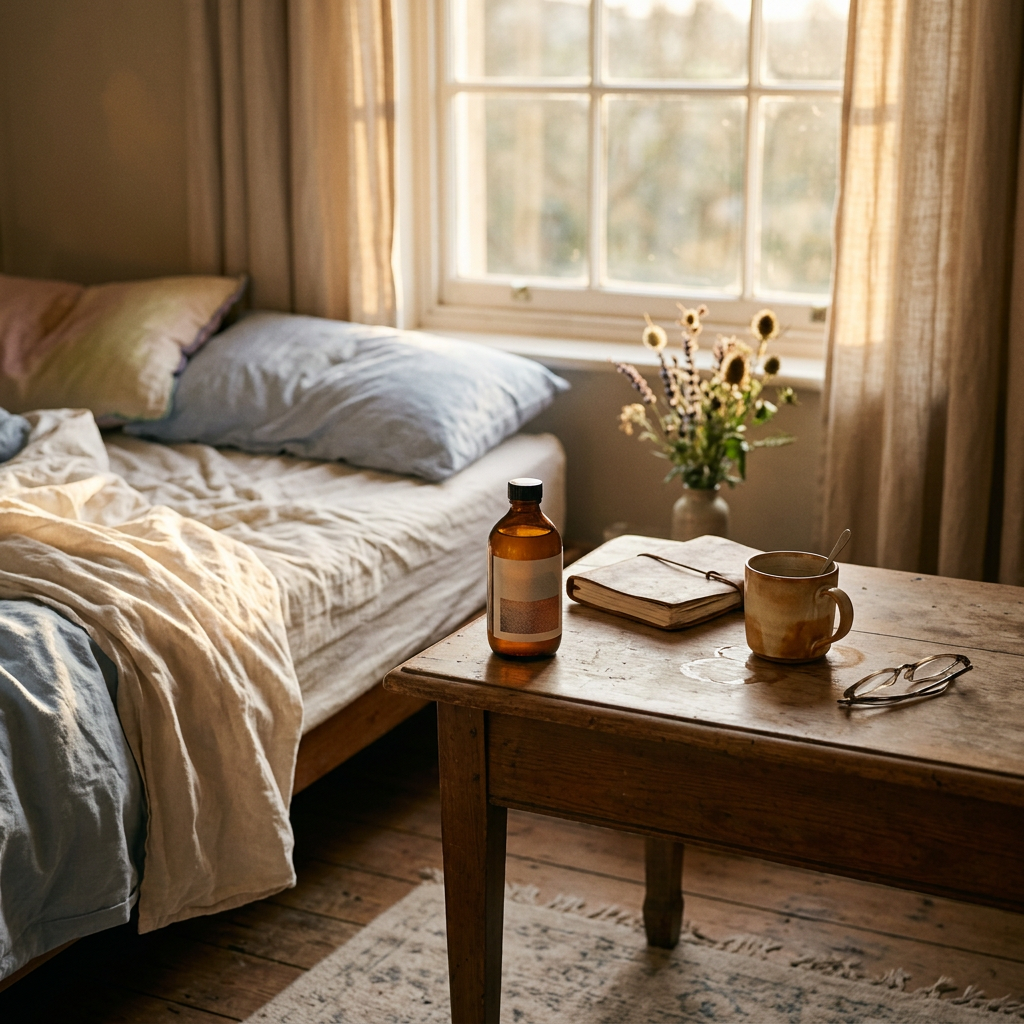 A close-up of a glass bottle reflecting the autumn sunlight, symbolising the artisanal craftsmanship of Shay & Blue.
