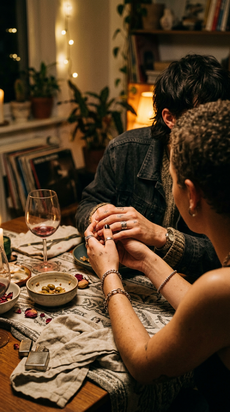 Two people sharing a close, intimate moment over a small table, the soft focus highlighting the atmosphere of a quiet, candlelit evening.