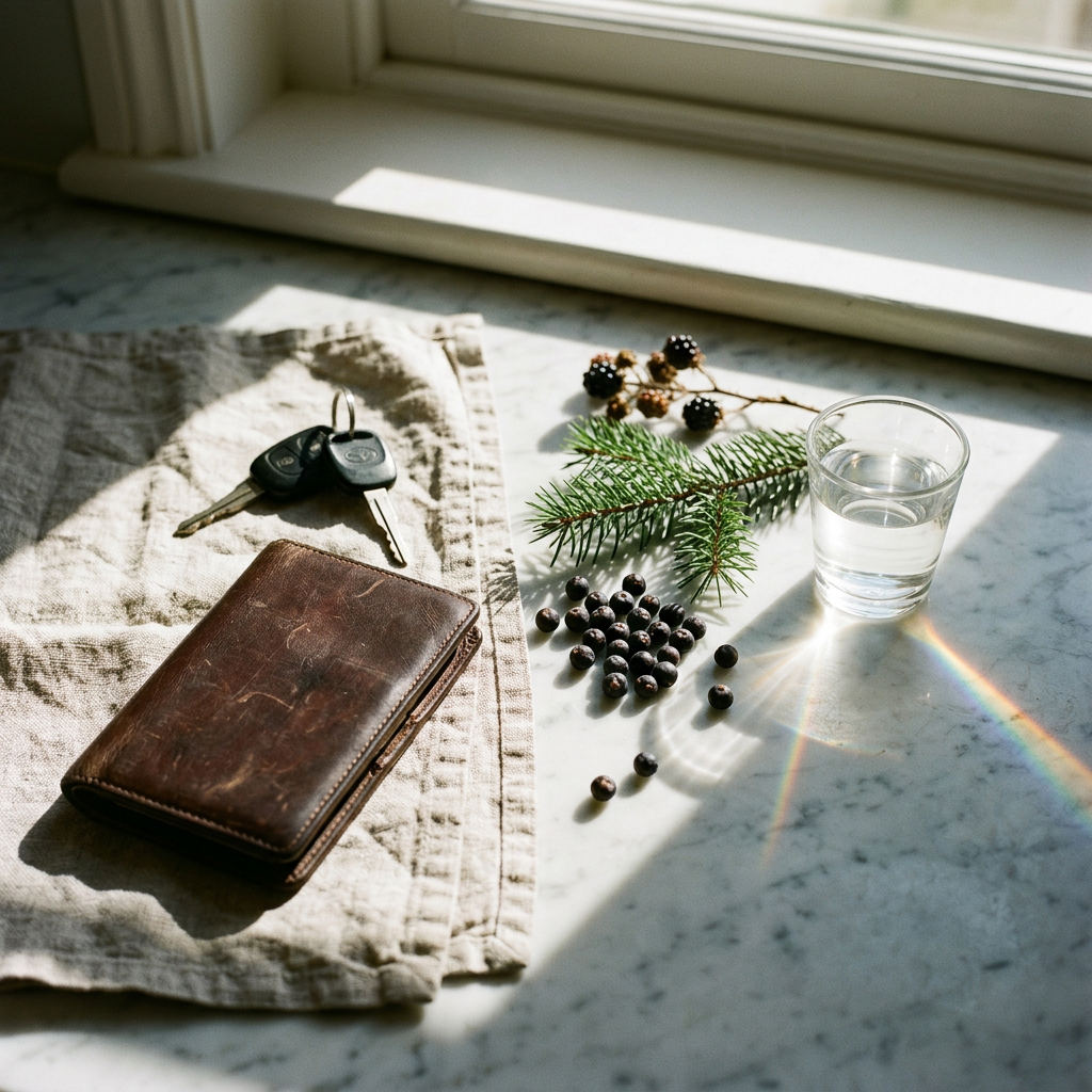 An outdoor cafe table in a leafy European courtyard with a passport, a camera, and a bottle of perfume next to a cup of tea.