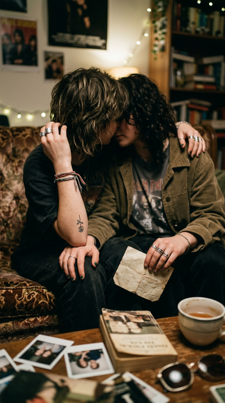 Two people sharing a quiet conversation at a small bistro table with candlelight reflecting off their glassware.