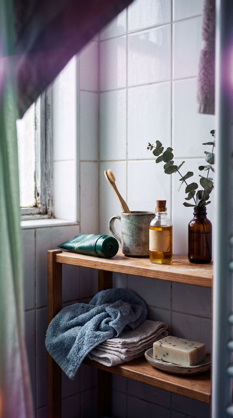 A collection of Shay & Blue blue glass bottles arranged elegantly on a wooden dresser, capturing the artisanal aesthetic.