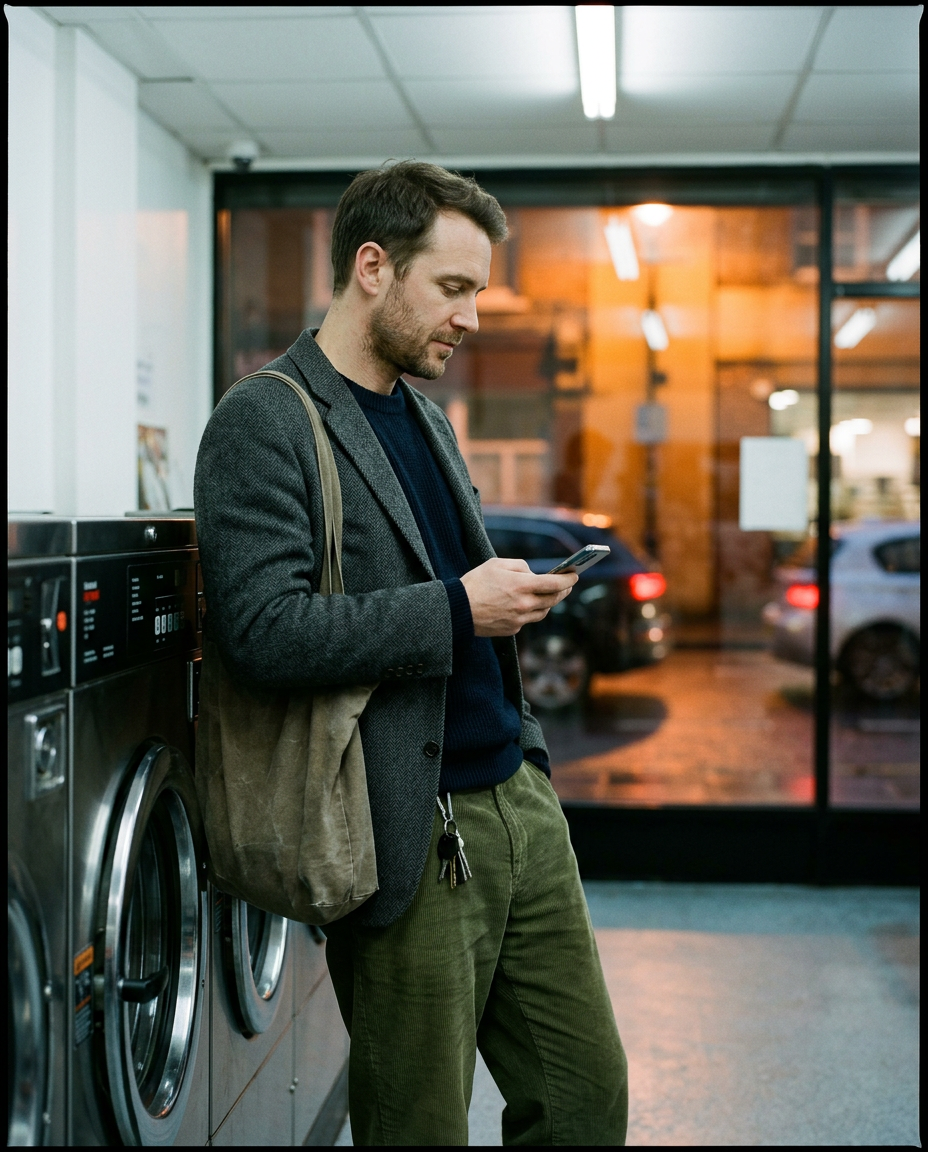 A close-up of a person applying a travel-sized perfume to their pulse point before leaving a stylish office environment.