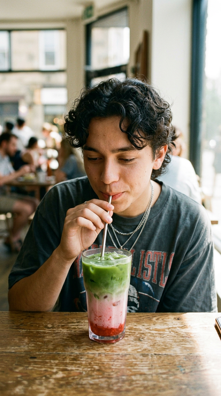 Close-up of someone sipping a layered strawberry matcha latte in a sunlit cafe