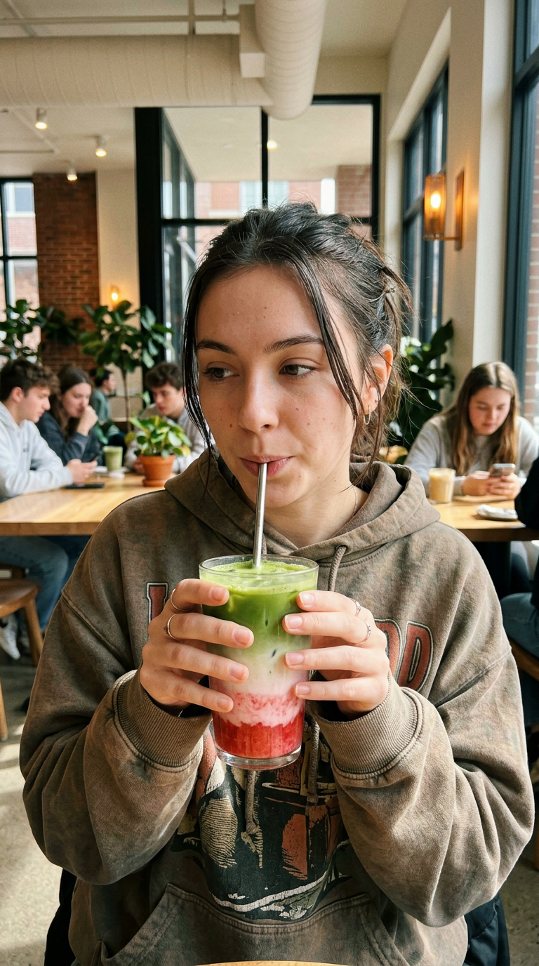 Close-up of someone sipping a layered strawberry matcha latte in a sunlit cafe