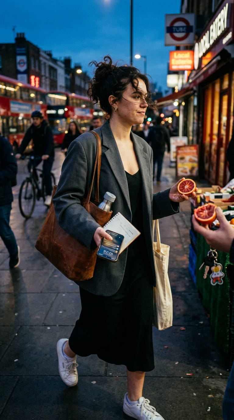 Blood Oranges travel bottle bathed in saturated golden-hour sunset light with fresh sliced blood oranges.