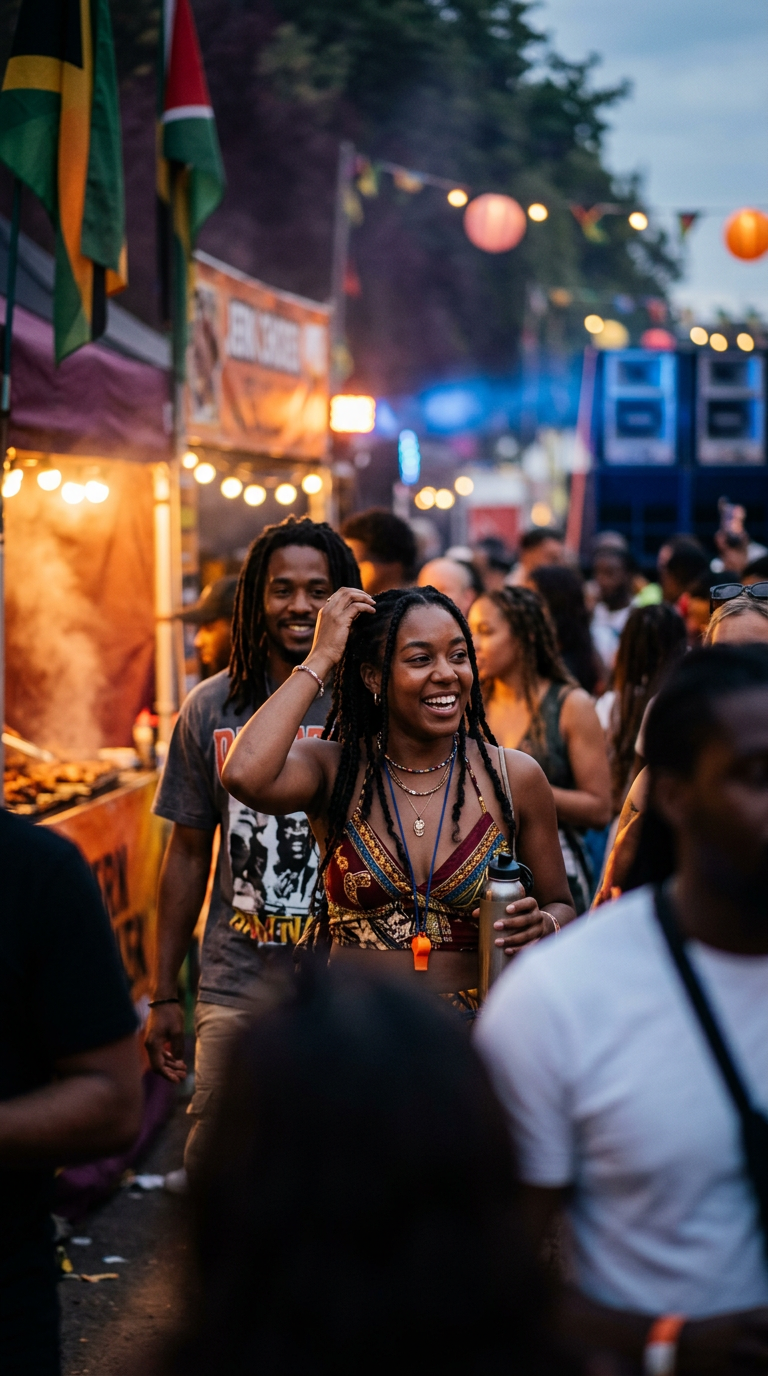 Warm golden hour light over West London streets as people enjoy food, music, and community at Notting Hill Carnival
