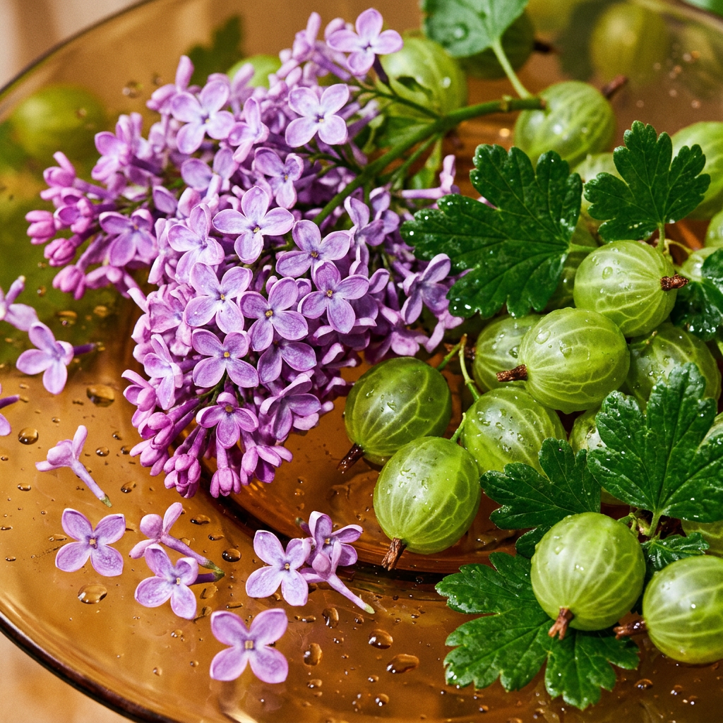 Macro shot of lilac blossoms, tart green gooseberries, and warm golden amber.