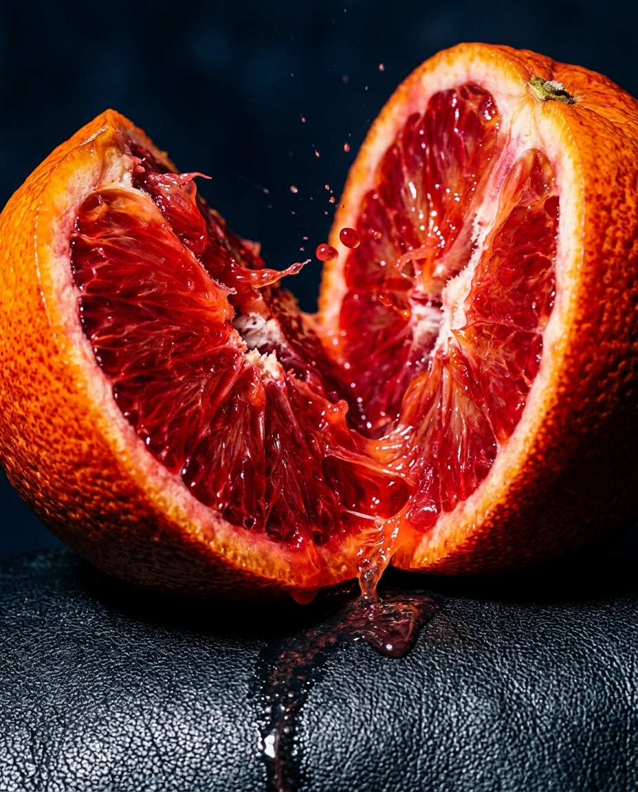 Blood orange sliced open, juice glistening in dark moody light