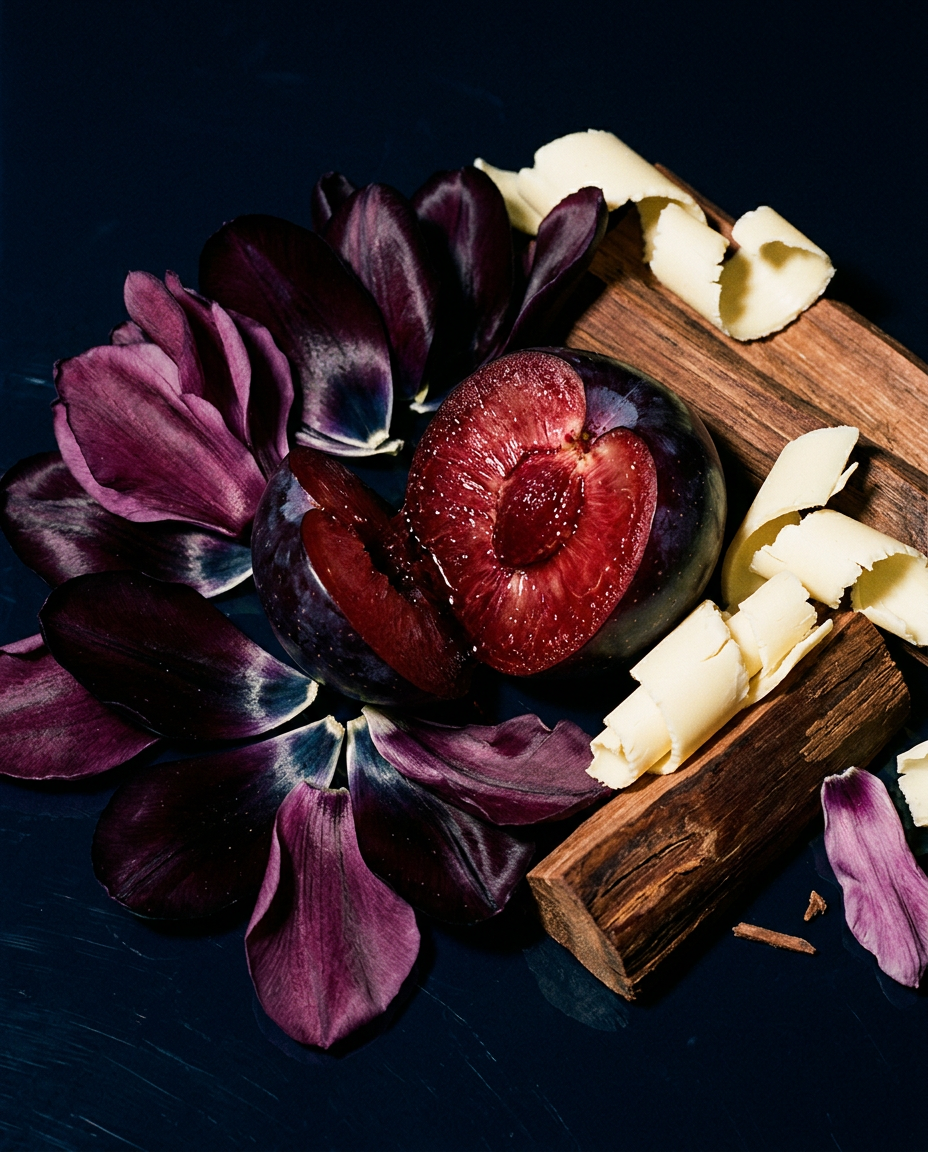 Macro editorial shot of dark velvety black tulip petals, rich dark plums, and white chocolate shavings.