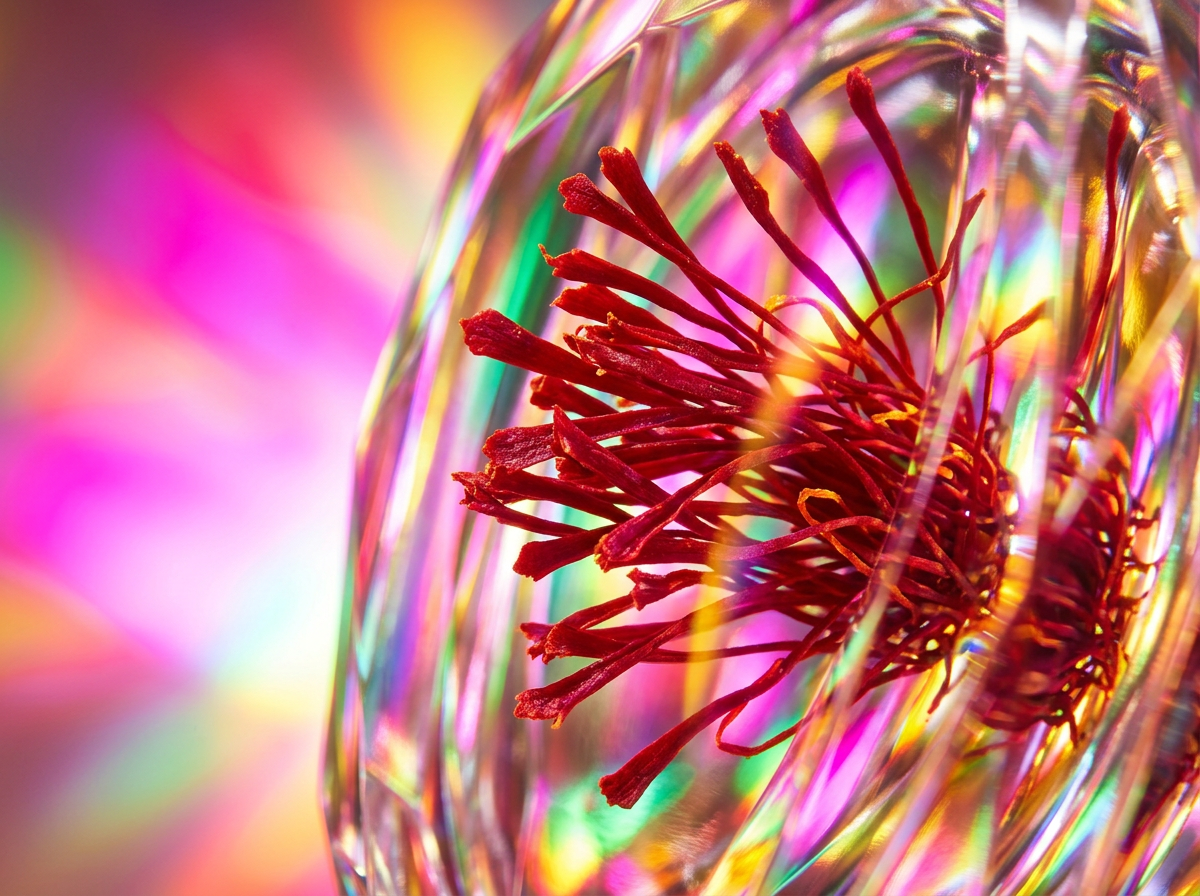 Close up of artisanal fragrance bottles showing the clear glass and blue labels