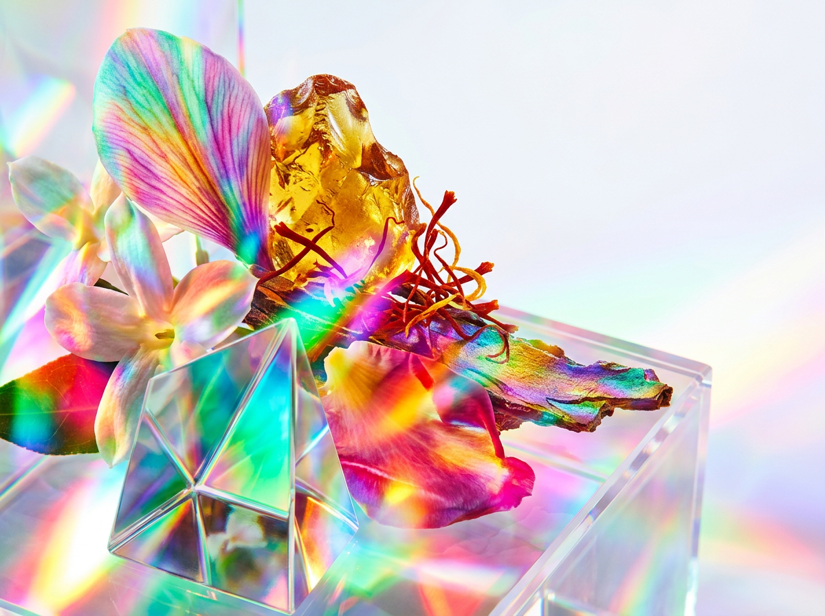 Close up of artisanal fragrance ingredients like sandalwood and dark berries