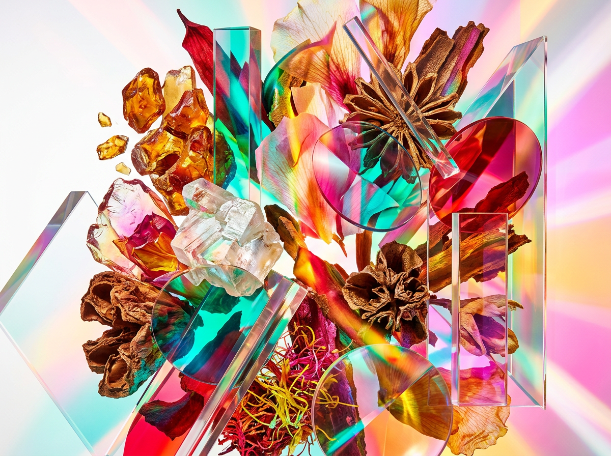 An array of boutique perfume bottles among summer fruit and flowers