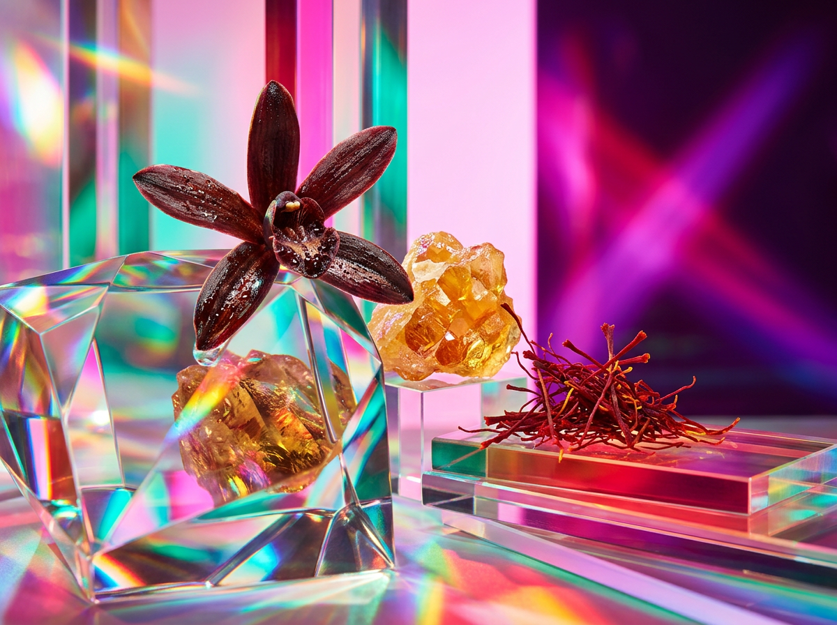 Close up of luxury fragrance notes including woods and fruits, representing the complexity of balanced perfumes